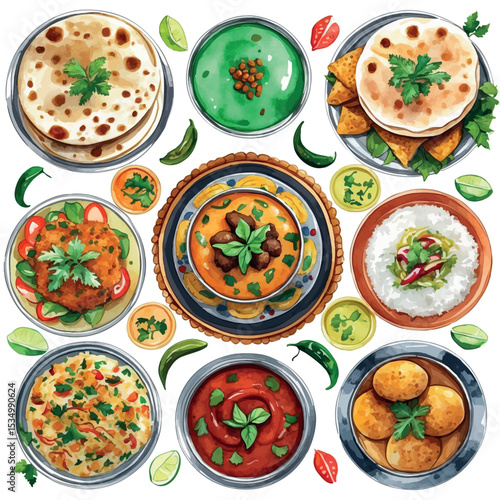 Set of Indian street foods in watercolor. Pani puri pav bhaji and vada pav isolated vector on white
