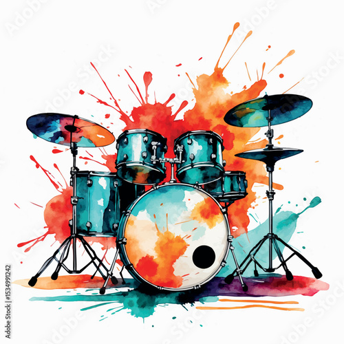 Energetic Drum Set Watercolor Art. Vivid Rhythmic Percussion Musical Instrument Illustration.