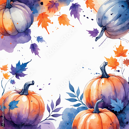 Whimsical Halloween Pumpkins Watercolor Art. Orange and Purple Autumn Holiday Illustration.