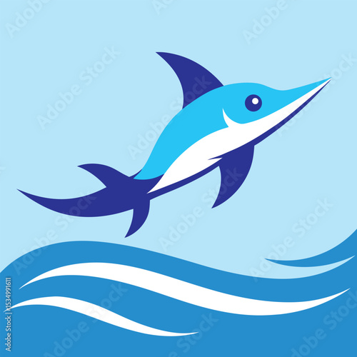 Dynamic illustration of a playful blue dolphin leaping from clear ocean waves, symbolizing freedom and aquatic grace and movement