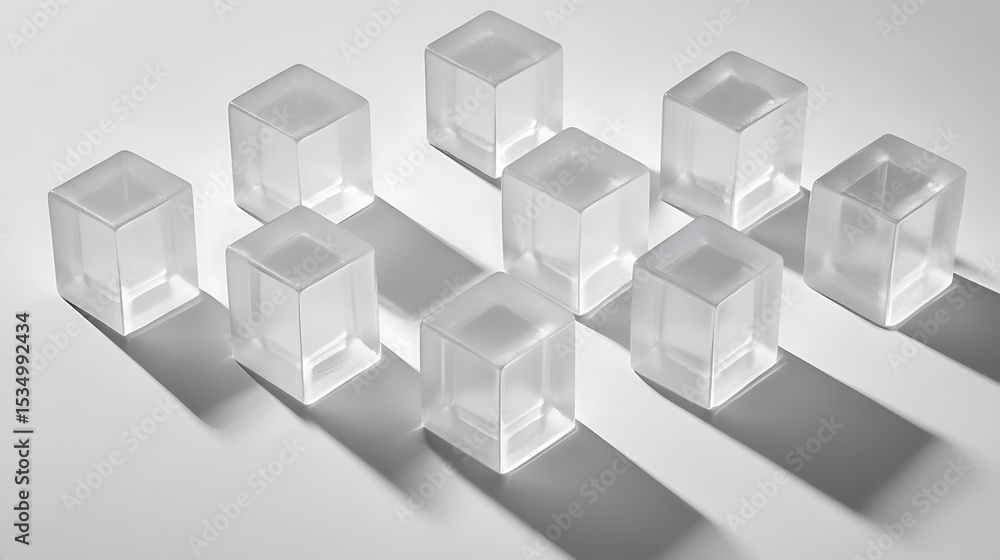 Obraz premium Arrangement of Transparent Cubes with Shadows on a White Surface
