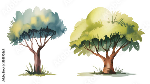 set of watercolor trees vector illustration.