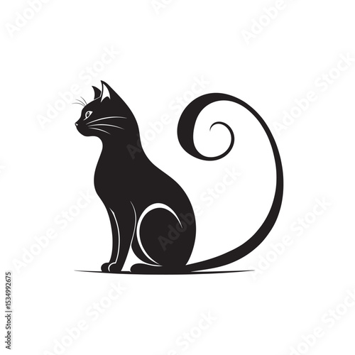 Wallpaper Mural Minimalist Black and White Silhouette of a Sitting Cat with Curled Tail Torontodigital.ca