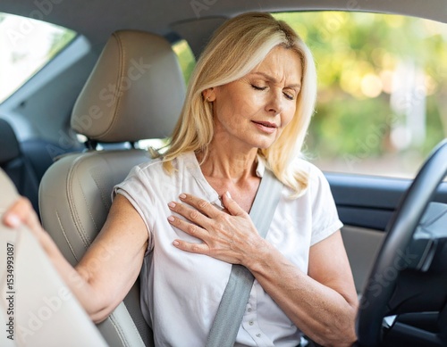 Woman experiencing chest pain while driving car