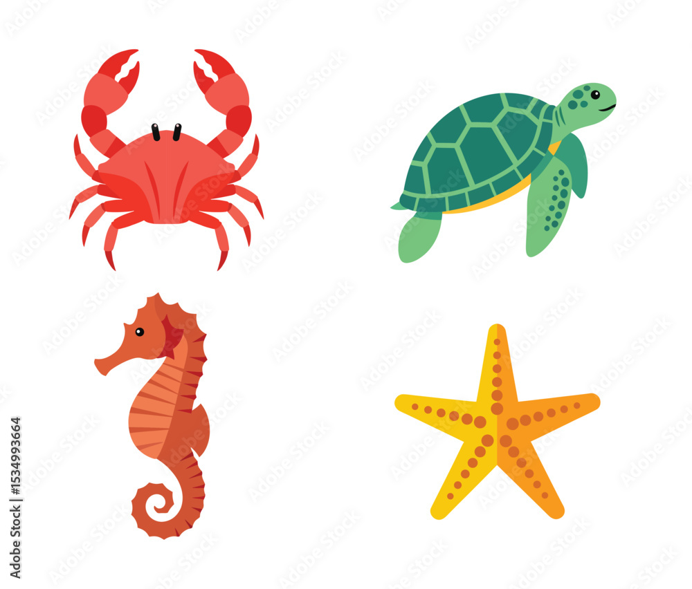 Obraz premium Flat Design Sea Creature Collection Illustration with Crab Turtle Seahorse and Starfish