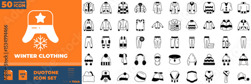 Winter Clothing Duotone Editable Icons set. Vector illustration in modern thin duotone style of winter clothing icons: cloth, jacket, scarf, etc