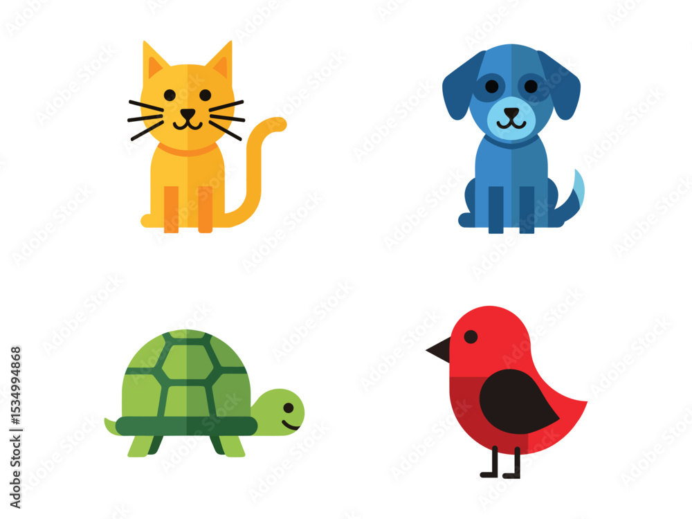Fototapeta premium Simple Flat Animal Illustration Set Cat Dog Turtle and Bird Icons