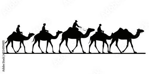 Set of  people riding camel full black silhouette vector illustration design