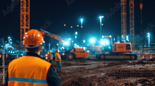 Night Construction Site: A dedicated construction worker oversees the bustling night activities at a dynamic construction site, illuminated by bright lights and bustling with machinery.