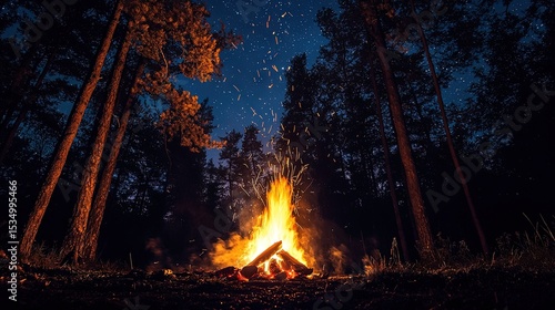Bonfire flames dancing in the night sky.