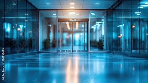Modern glass corridor with automatic doors.