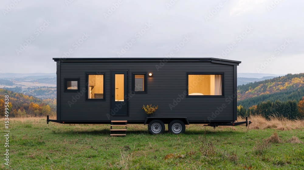Obraz premium Modern Black Tiny House on Wheels Surrounded by Nature with Scenic Landscape and Fall Foliage