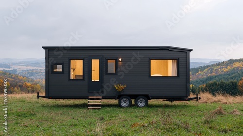Modern Black Tiny House on Wheels Surrounded by Nature with Scenic Landscape and Fall Foliage