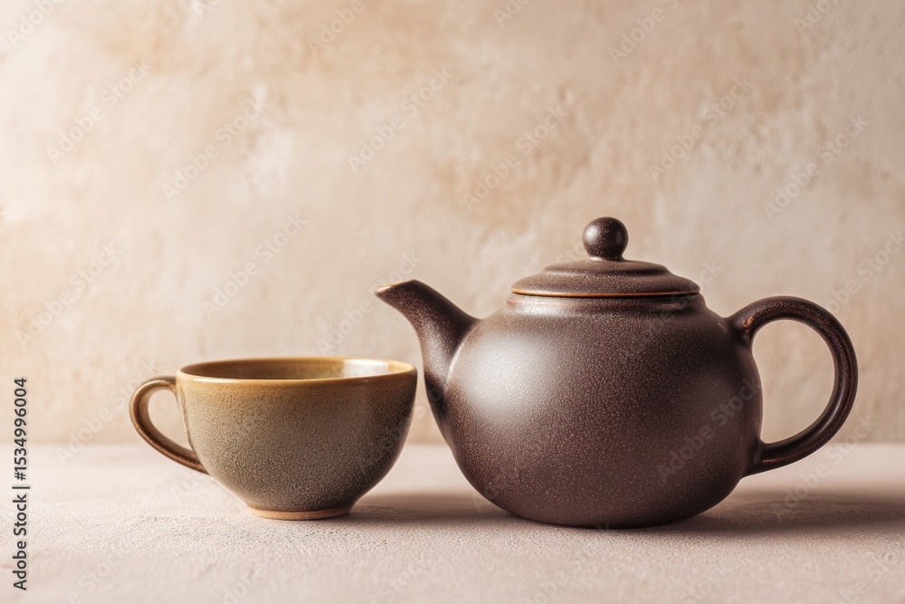 Serene stoneware: a simple cup and teapot invite quiet moments and the enjoyment of warm beverage A classic pairing for a peaceful break Serene stoneware: a simple cup and teapot invite quiet moments and the enjoyment of warm beverage A classic pairing for a peaceful break