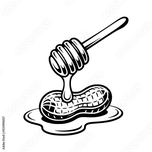 Black illustration of honey dripping from dipper onto peanut