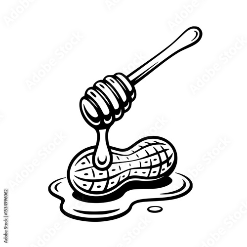 Black illustration of honey dripping from dipper onto peanut