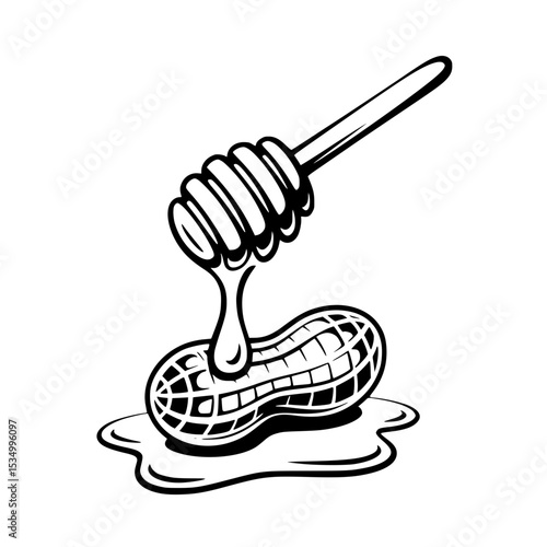 Black illustration of honey dripping from dipper onto peanut