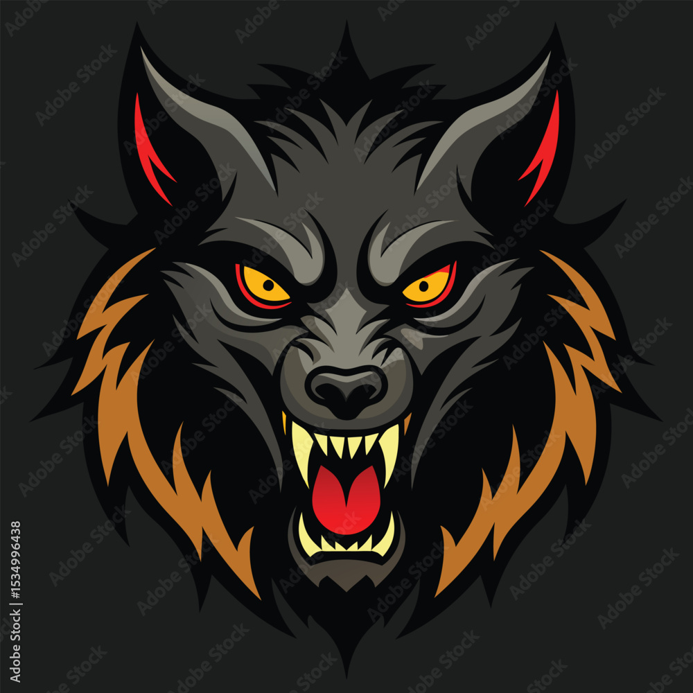 Fototapeta premium Fierce wolf head illustration with sharp teeth and glowing eyes, graphic design, dark background, close-up view