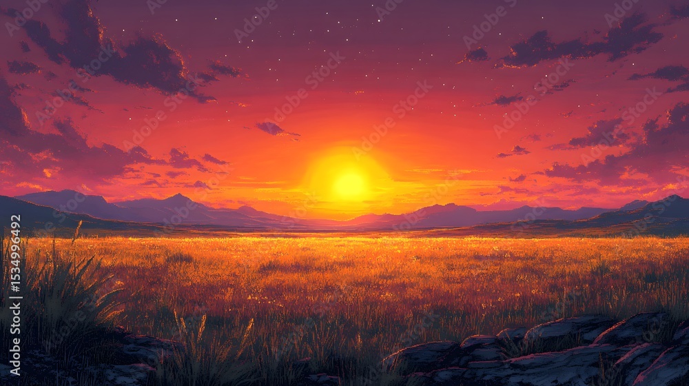 Obraz premium Golden Prairie in Pixel Art Style at Dusk