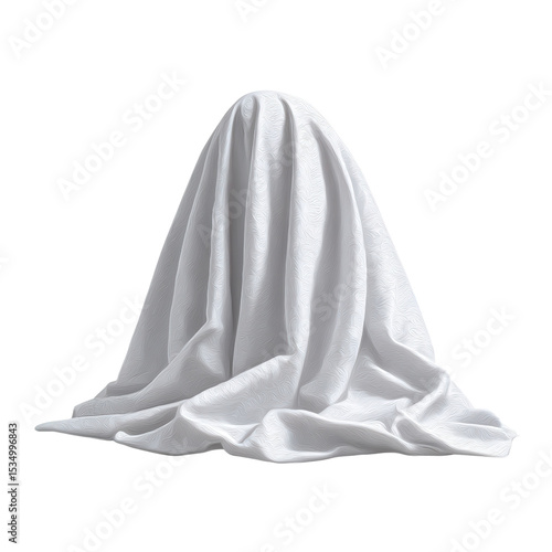 White sheet draped over object creates ghostly appearance, evoking sense of mystery and intrigue. fabric texture and folds add depth to scene, enhancing eerie atmosphere