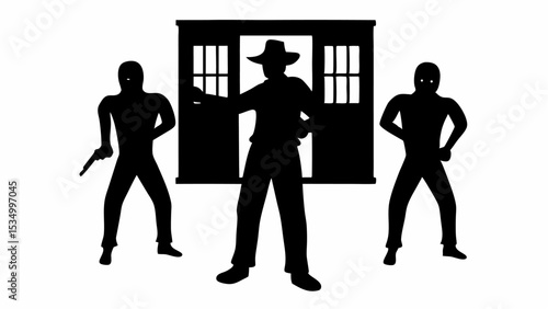 Silhouette of a cowboy standing in front of a building with two masked men flanking him on either side | eps vectors