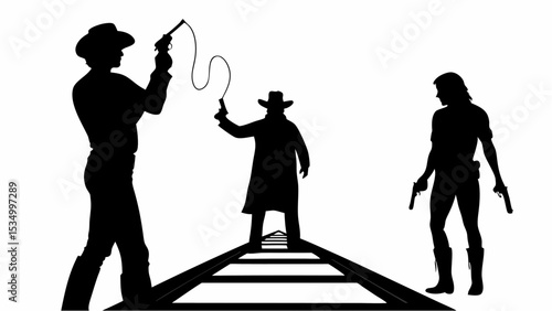 Silhouette of three cowboys standing on railroad tracks holding guns in a western standoff scene | eps vectors