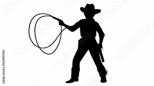 Silhouette of a cowboy with a hat and a lasso, standing in a pose with a gun on a white background | eps vectors