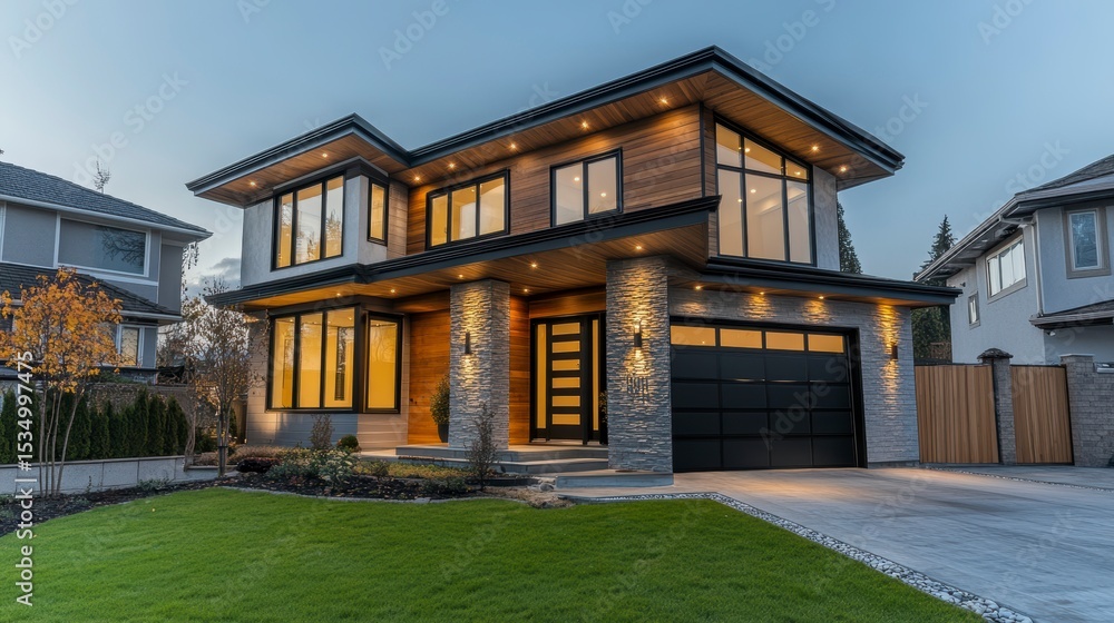 Modern two-story house with large windows, stone accents, and a flat roof at dusk. Modern two-story house with large windows, stone accents, and a flat roof at dusk.