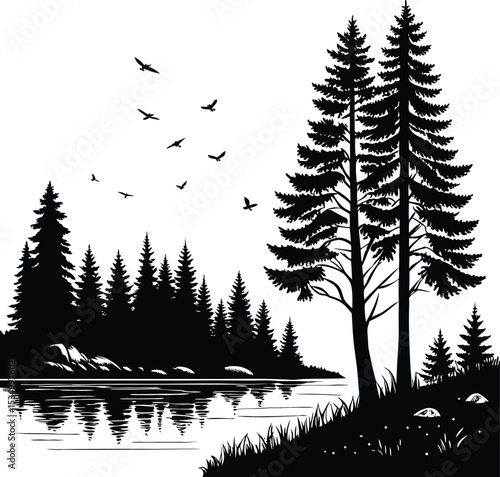 A black and white silhouette of a serene forest landscape featuring tall pine trees along the edge of a lake or water body.
