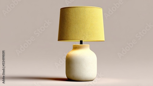 Lamp with a yellow shade sits on a white table. The lamp is turned off, and the table is empty. The lamp is a simple design, with a clean and minimalistic look