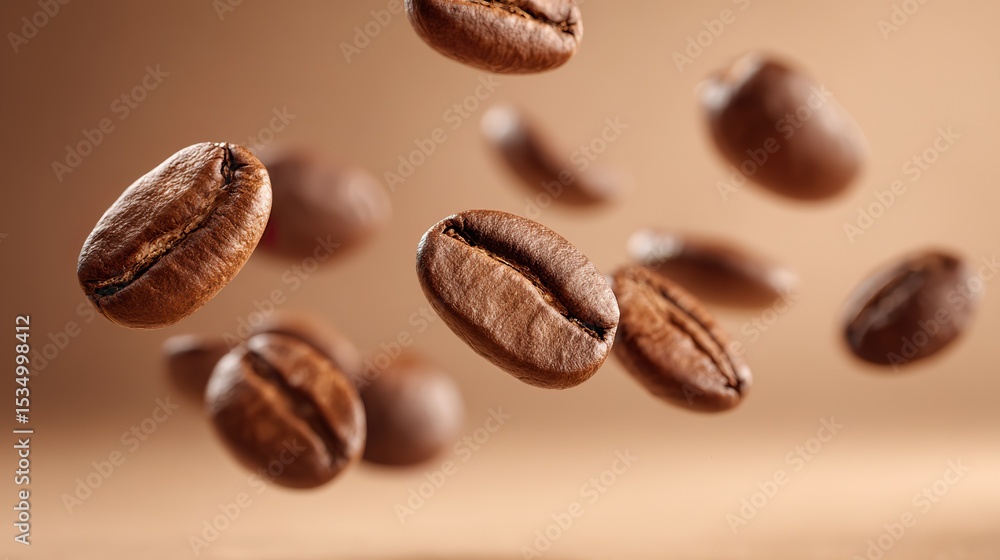 Horizontal arrangement of floating coffee beans with warm brown hues, softly illuminated overhead, set against a gradient beige backdrop. Horizontal arrangement of floating coffee beans with warm brown hues, softly illuminated overhead, set against a gradient beige backdrop.
