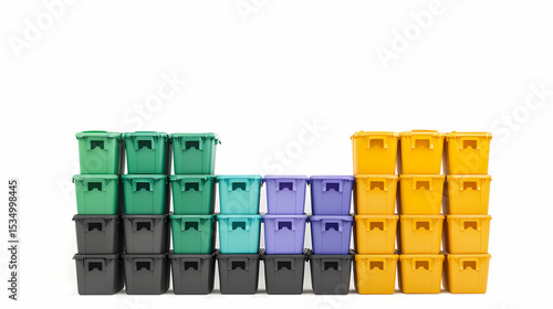 Wallpaper Mural Colorful recycling bins stacked in rows, arranged by color on a white background. Torontodigital.ca
