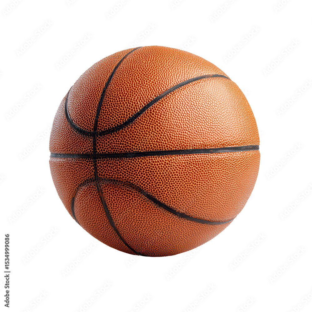 Fototapeta premium Textured orange basketball with black lines, isolated on transparency background, showcasing its classic design and spherical shape. Perfect for sports and recreation themes