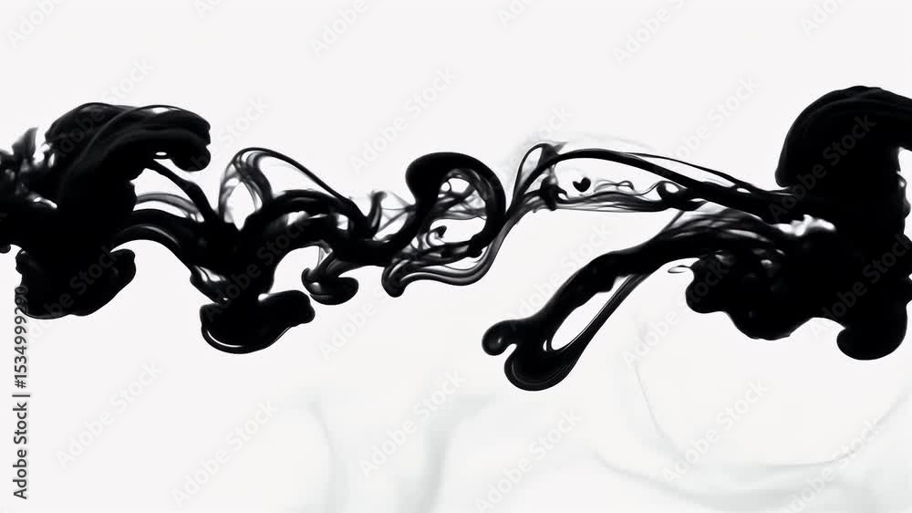 Dark black ink slowly flows spreads white background mesmerizing slow motion organic shapes form cloudy effects resembling smoke abstract emotion ideal design video overlays titles moody transitions