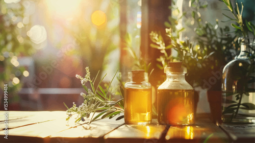 Herbal oils and plants on a wooden table