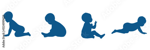 A Collection of Baby Silhouette . Silhouette of Baby Sitting and Crawling Multiple Poses on white Background . 