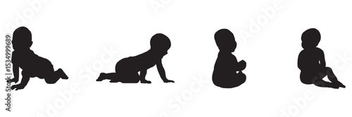 Baby's First Year in Silhouettes Diverse Baby Silhouette Set Showing Crawling Sitting And Standing On White Background  . 
