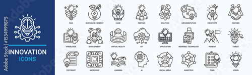 Innovation icon set. Containing idea, partner, solution, creativity, knowledge, development and more. Outline vector icons collection.
