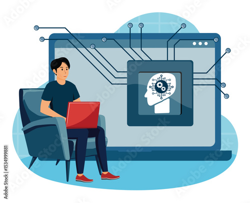 Artificial intelligence concept. Man Engaging with AI Technology on Laptop.