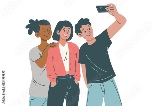 3 amis adolescents souriants qui prennent la pose pour prendre un selfie avec un smartphone - Vie adolescente et émotions - Illustration vectorielle éditable - Style minimaliste 