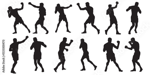 Boxer Silhouette Vector Set Isolated On White Background Boxing Poses. silhouettes of boxing player is isolated on a white background . 