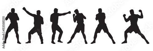 
Set of silhouettes of boxer fighting.  Boxer in different pose black silhouette set . EPS 10
