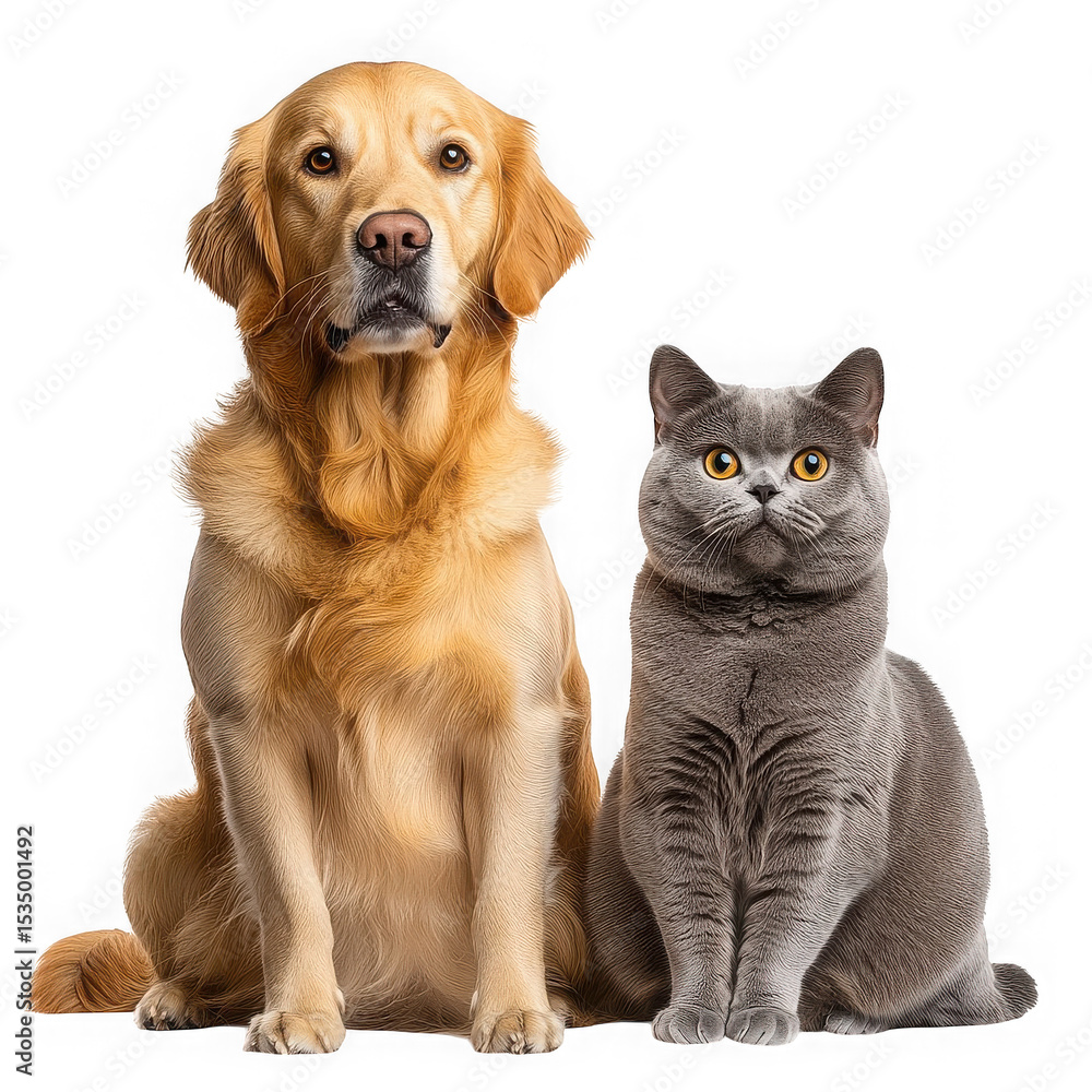 Golden retriever dog and british shorthair cat sitting together Golden retriever dog and british shorthair cat sitting together