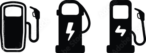 Set of Fuel and Electric Charging Station Icons in Black Silhouette Style