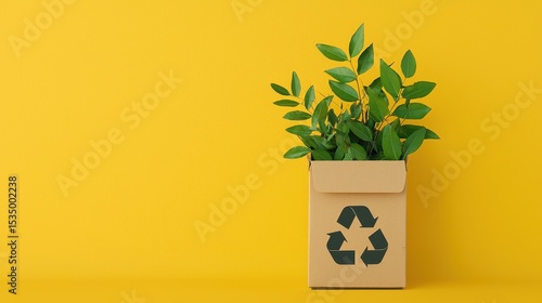 Green Leaves in a Cardboard Box with Recycle Symbol Against a Bright Yellow Background