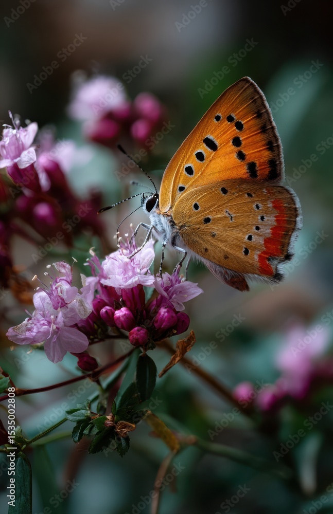 Obraz premium Soaring butterfly gathering nectar from vibrant blossom in nature's embrace