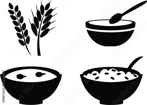 Grain and Cereal Bowl Icons Set – Black Silhouette Vector Collection