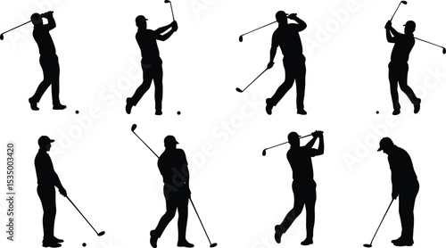 Silhouette illustration of golfers in various swinging and standing poses with golf clubs, black vector sportsmen isolated on white background for sport, fitness, recreation designs