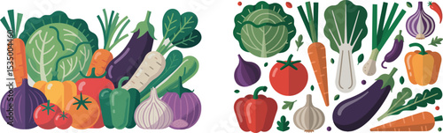 Two groups of flat illustrations of vegetables are presented, showcasing a similar collection of produce as in Image 5 but with variations in arrangement.