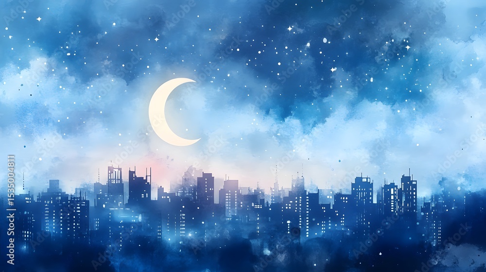 Fototapeta premium Serene Watercolor Night Cityscape with Painting Effect
